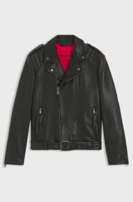 Regular-fit biker jacket in buffalo leather, Black