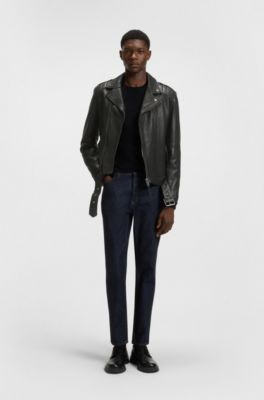Regular-fit biker jacket in buffalo leather, Black