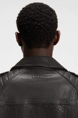 Regular-fit biker jacket in buffalo leather, Black