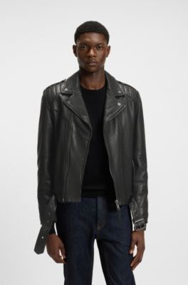 Regular-fit biker jacket in buffalo leather, Black