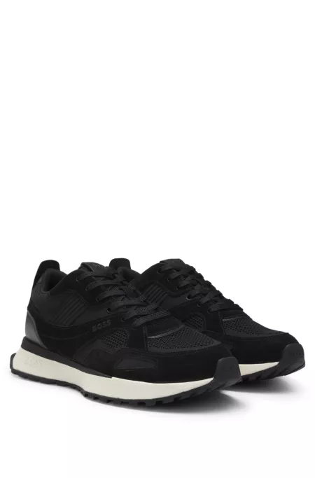 Trainers with knit and burnished-leather trims