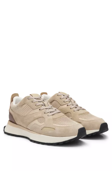 Trainers with knit and burnished-leather trims