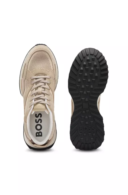 Trainers with knit and burnished-leather trims