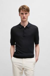 Strick-Poloshirt aus Seide mit verschiedenen Strukturen, Dunkelblau