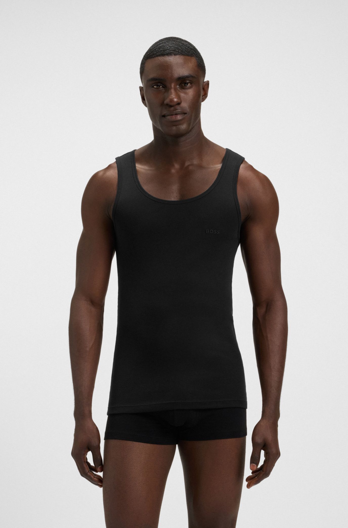 【関送無料】 Hugo Boss HUGO チェスト ロゴ タンクトップ HUGO - タンクトップ2枚セット ストレッチコットン ロゴ - ブラック