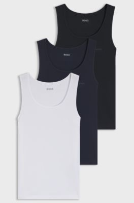 Three-pack of ribbed-cotton underwear vests, Black / White / Blue