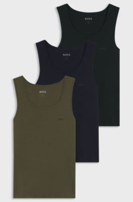 Three-pack of underwear vests in rib-knit cotton, Black / Green / Blue