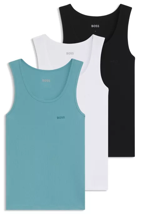 Three-pack of cotton underwear vests with embroidered logos