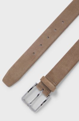 Ceinture en cuir su&eacute;d&eacute; avec boucle argent&eacute;e, Brun chin&eacute;