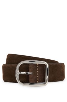 Italian-made suede belt with frame buckle, Dark Brown