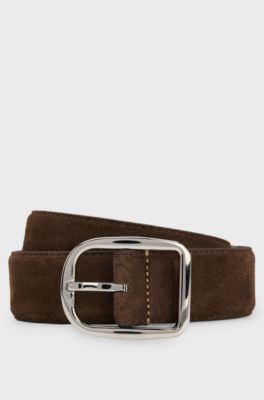 Italian-made suede belt with frame buckle, Dark Brown
