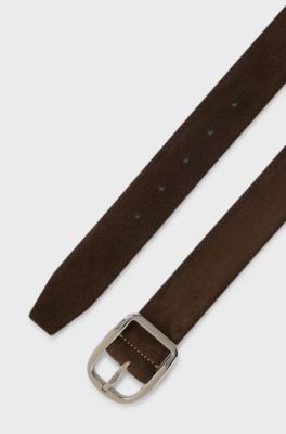 Italian-made suede belt with frame buckle, Dark Brown
