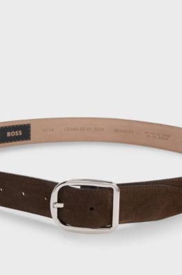 Italian-made suede belt with frame buckle, Dark Brown