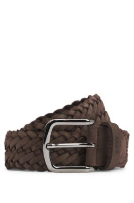 Woven suede belt with logo keeper, Dark Brown