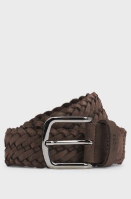 Woven suede belt with logo keeper, Dark Brown