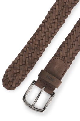 Woven suede belt with logo keeper, Dark Brown