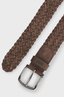 Woven suede belt with logo keeper, Dark Brown
