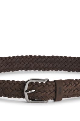 Woven suede belt with logo keeper, Dark Brown