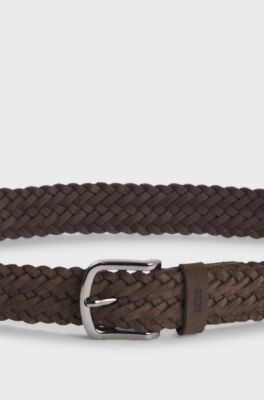 Woven suede belt with logo keeper, Dark Brown