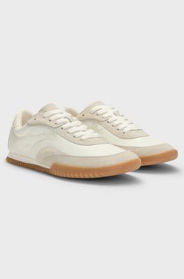 Low-top trainers in fabric and suede, Natural