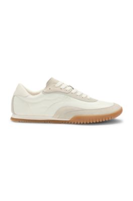 Low-top trainers in fabric and suede, Natural
