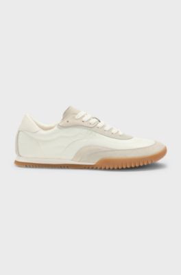 Low-top trainers in fabric and suede, Natural