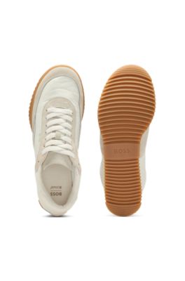 Low-top trainers in fabric and suede, Natural