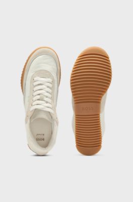 Low-top trainers in fabric and suede, Natural
