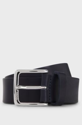 Italian-leather belt with silver-tone buckle, Dark Blue
