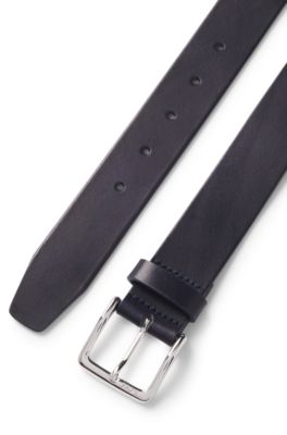 Italian-leather belt with silver-tone buckle, Dark Blue