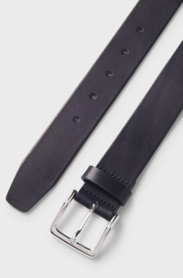 Italian-leather belt with silver-tone buckle, Dark Blue