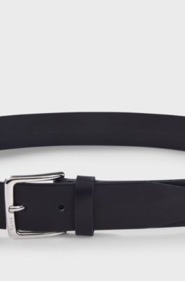 Italian-leather belt with silver-tone buckle, Dark Blue
