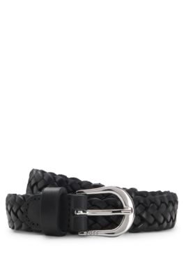 Woven-leather belt with polished silver-tone buckle, Black