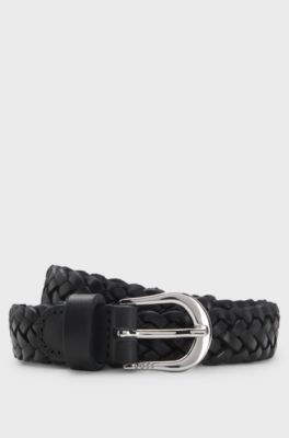 Woven-leather belt with polished silver-tone buckle, Black