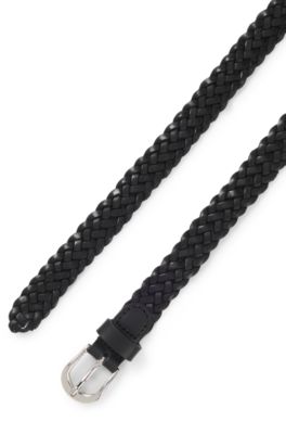 Woven-leather belt with polished silver-tone buckle, Black