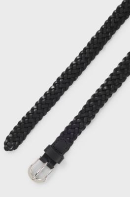 Woven-leather belt with polished silver-tone buckle, Black