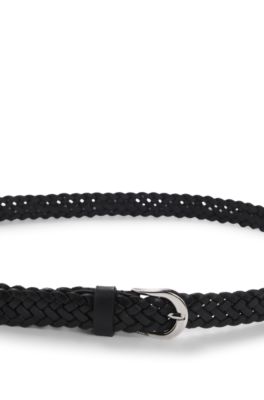 Woven-leather belt with polished silver-tone buckle, Black