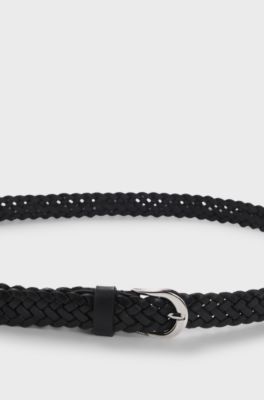 Woven-leather belt with polished silver-tone buckle, Black