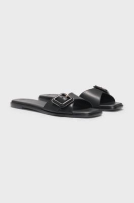 Leather slides with logo-detail buckle, Black