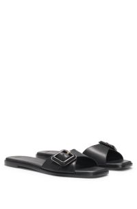 Leren slippers met logodetail op de gesp, Zwart