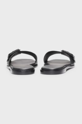 Leather slides with logo-detail buckle, Black