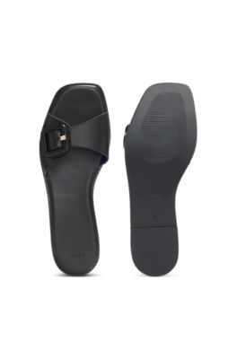 Leather slides with logo-detail buckle, Black
