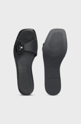 Leather slides with logo-detail buckle, Black
