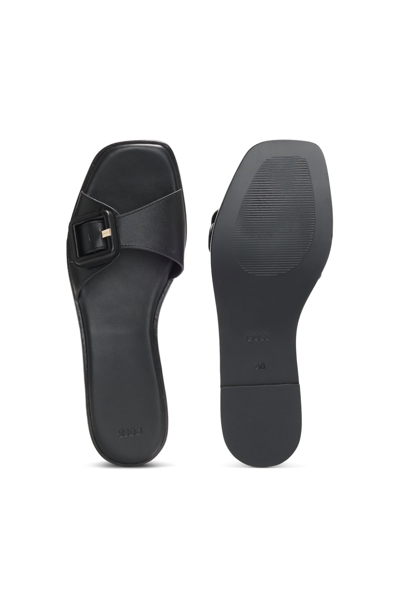 BOSS - レザー スライドサンダル ロゴディテールバックル - ブラック