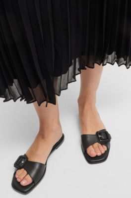 Leather slides with logo-detail buckle, Black