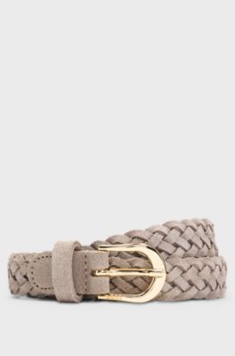 Woven-suede belt with logo-engraved buckle, Beige