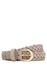 Ceinture en cuir suédé tressé avec boucle à logo gravé, Beige