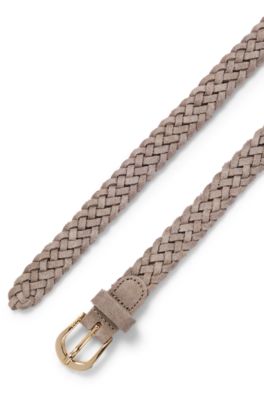 Woven-suede belt with logo-engraved buckle, Beige