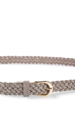 Woven-suede belt with logo-engraved buckle, Beige