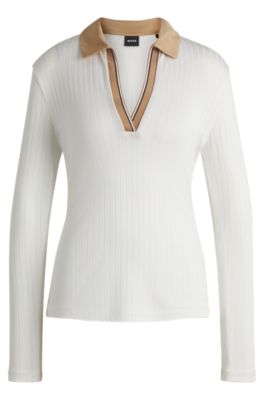 Long-sleeved T-shirt with Johnny collar and signature stripes, White